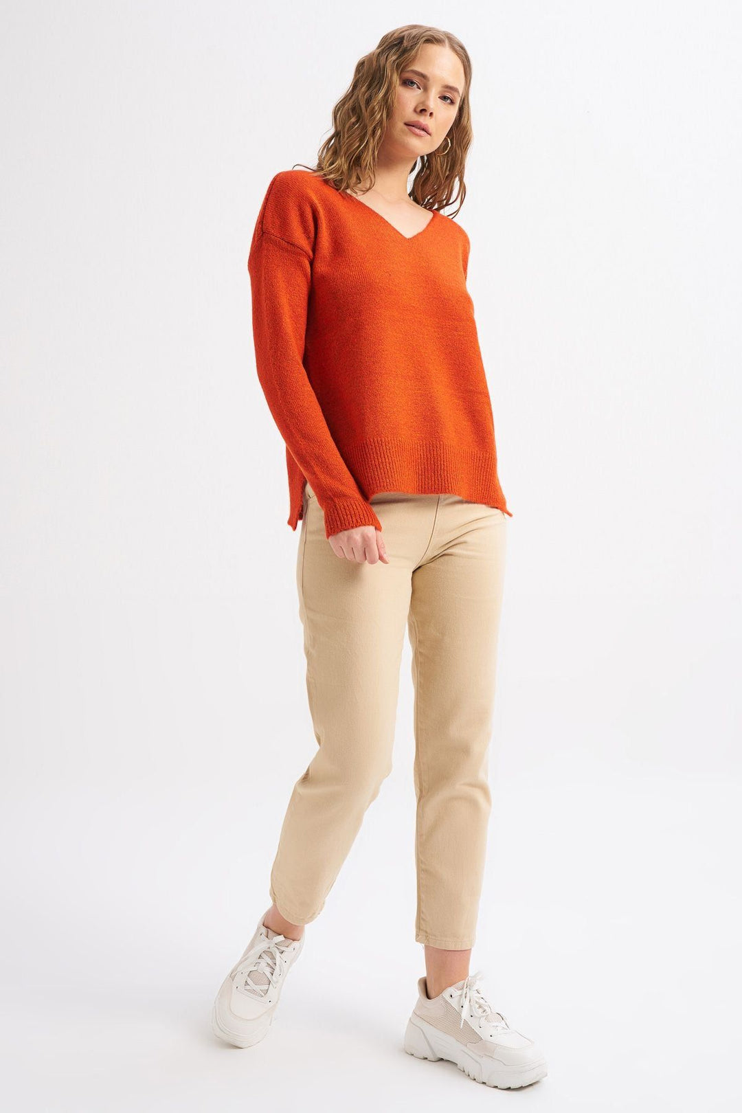 Side Slit V-Neck Jumper Orange