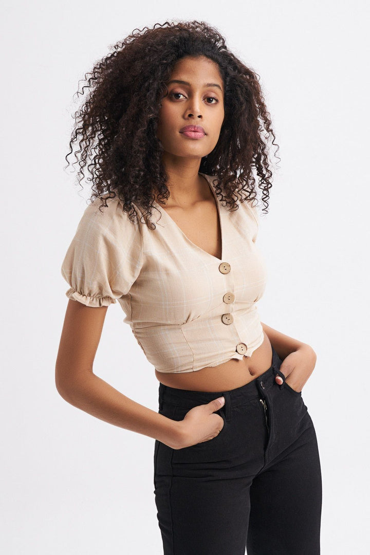 V Neck Plaid Linen Blouse Beige