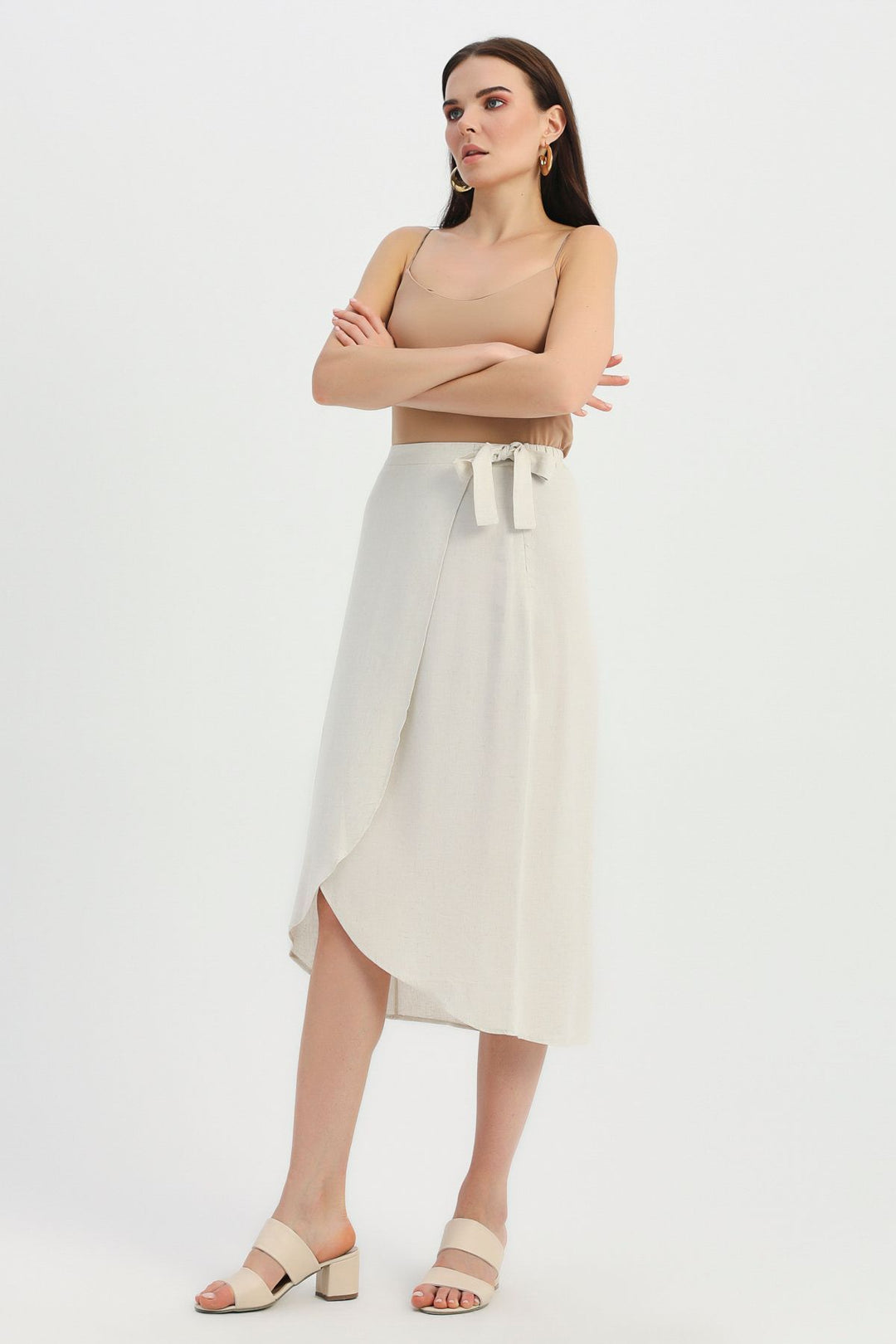 Tie Detailed Wrapped Linen Skirt Natural