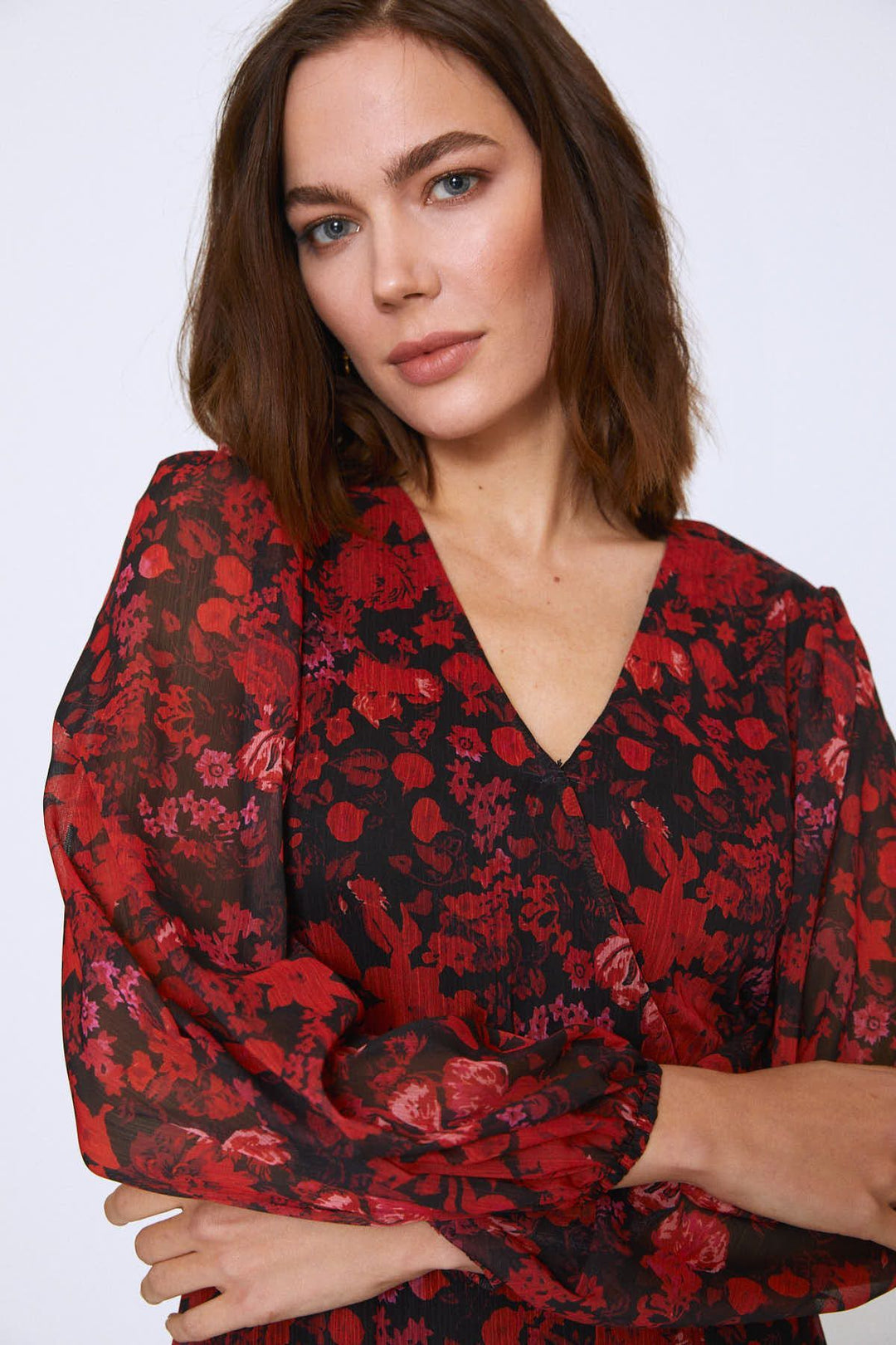 Çicek Desenli V Yaka Midi Elbise Kırmızı