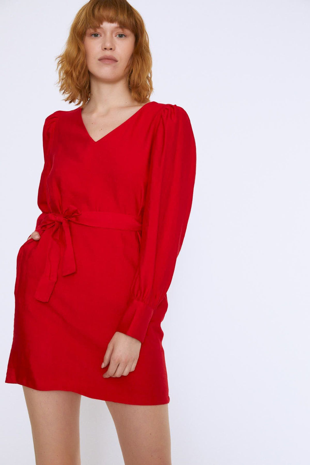 Waist Belted V-Neck Dress Red