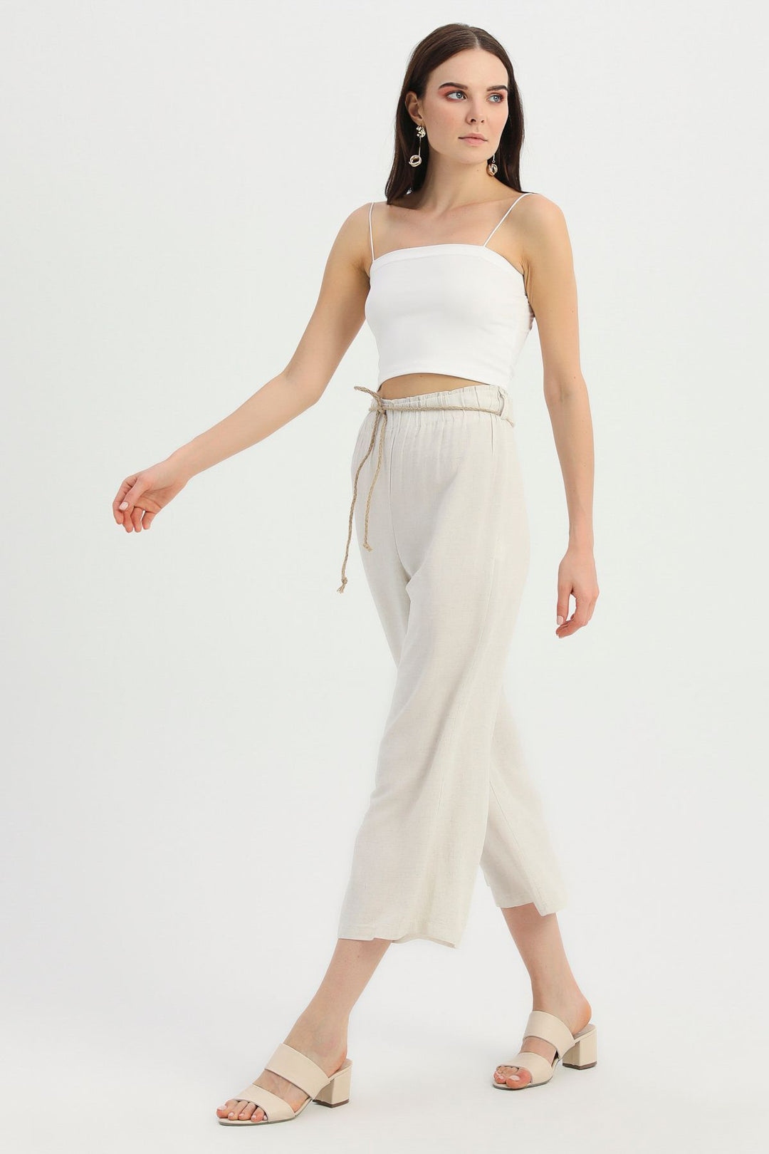 Hasır İp Kemerli Keten Pantolon Ekru