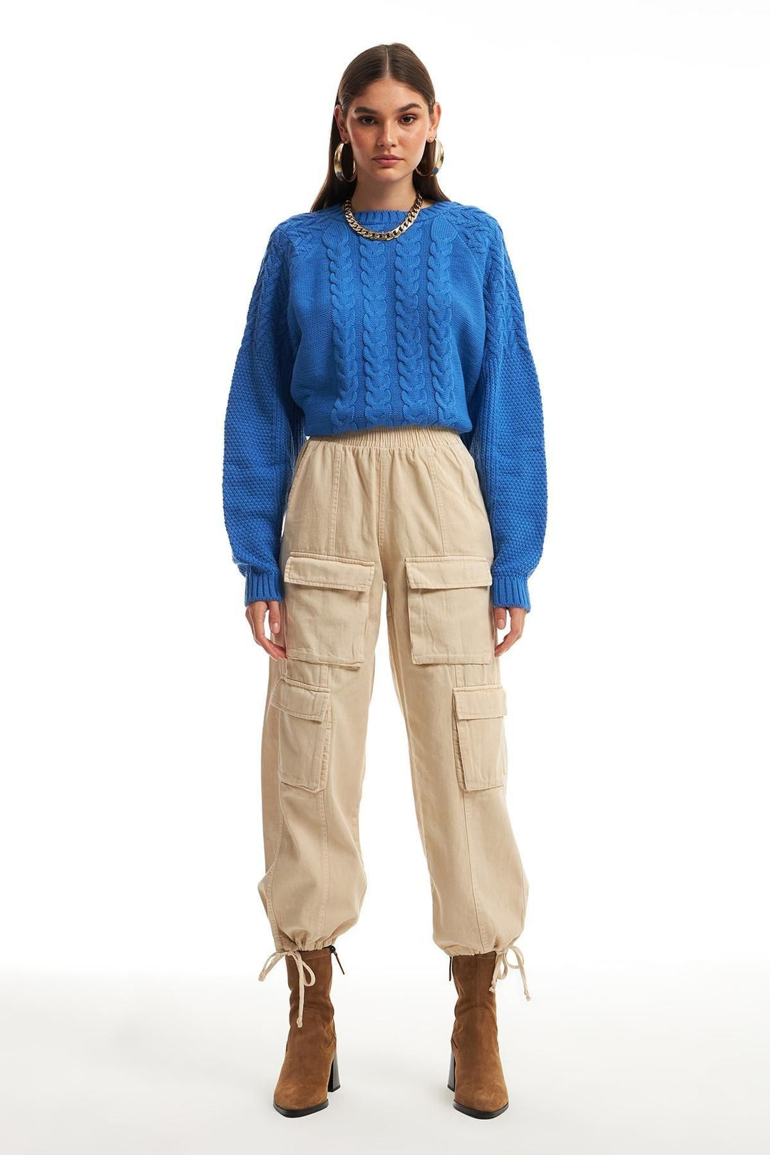 Paçası Lastikli Kargo Pantolon Bej