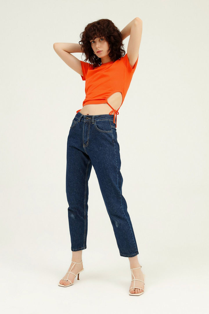 Yanları Büzgülü Dekolteli Tişört Turuncu