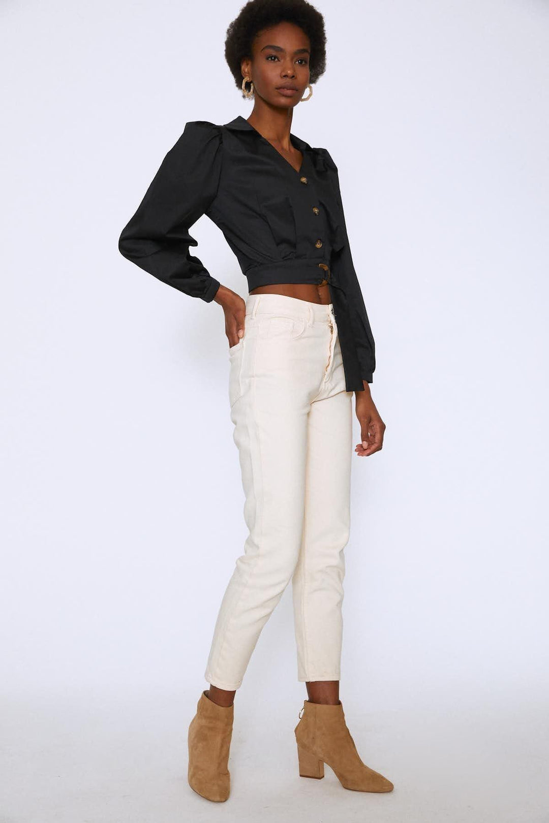 Önü Düğmeli Balon Kol Gömlek Siyah