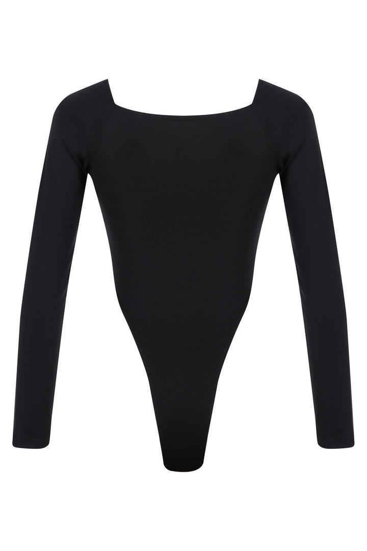Square Collar Long Sleeve Bodysuit Black