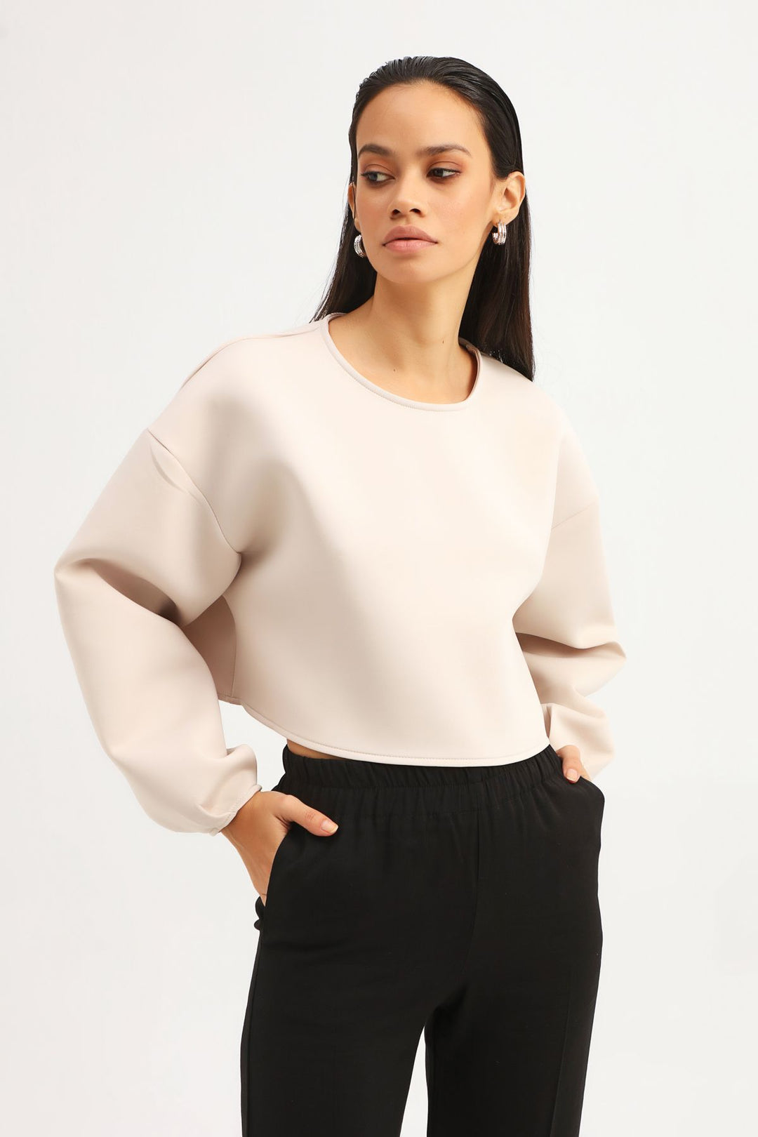 Diving Fabric Crop Sweatshirt Beige