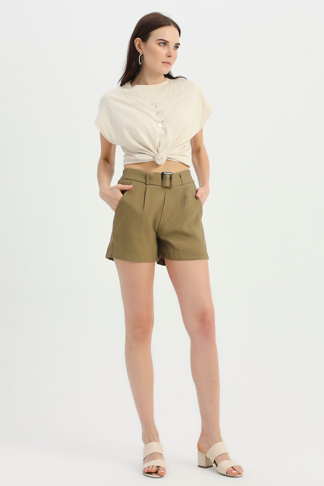 Kemerli Şort Haki