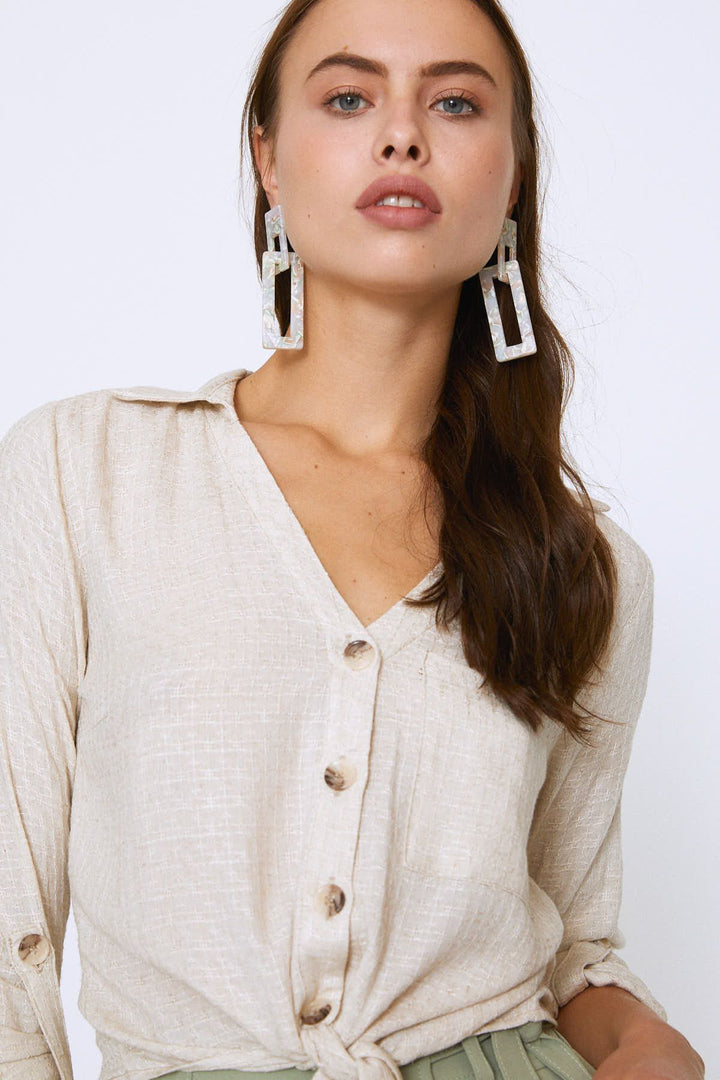 Truvakar Kol Beli Bağlamalı Keten Gömlek Naturel