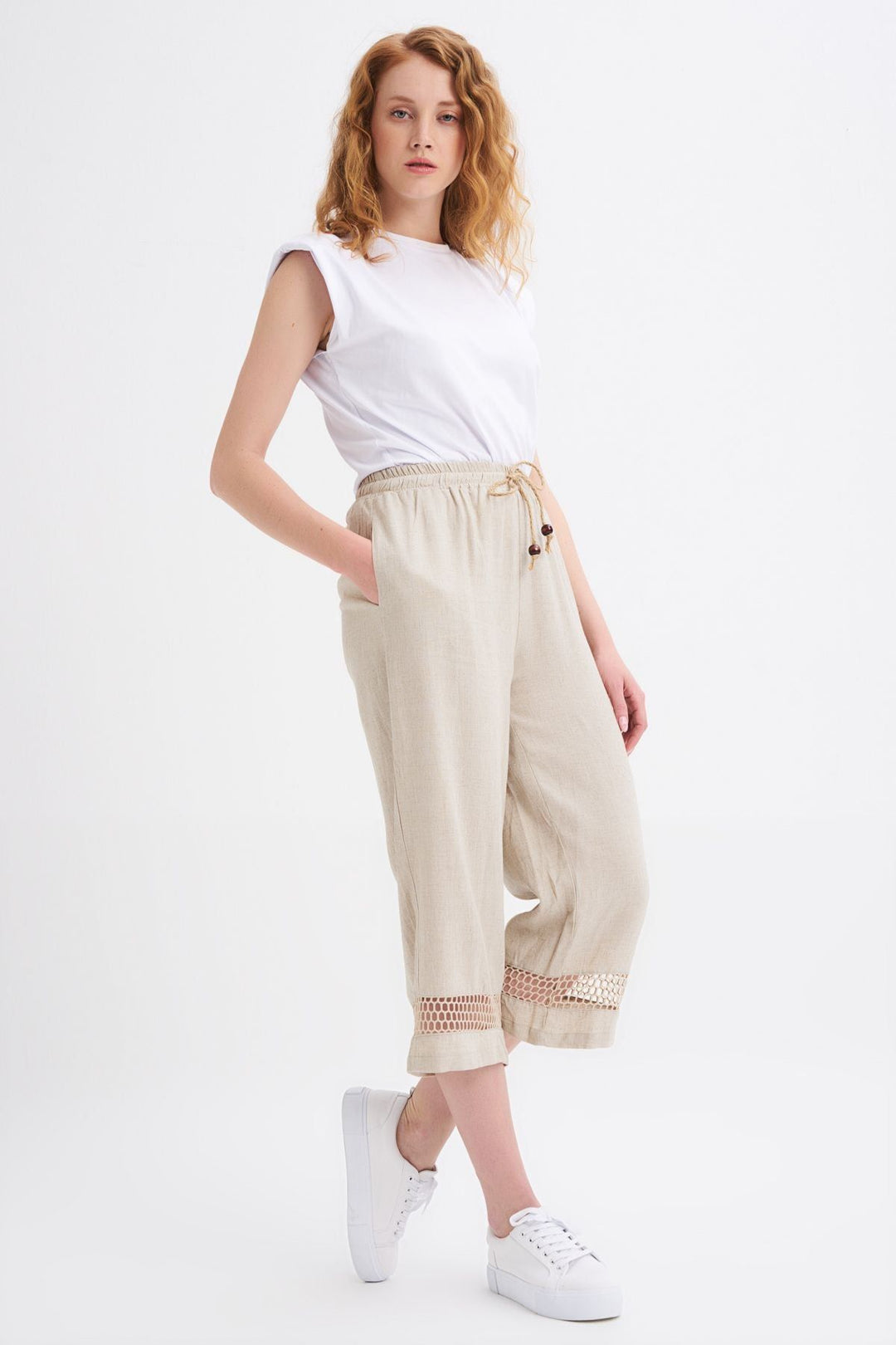 File Detaylı Keten Pantolon Bej