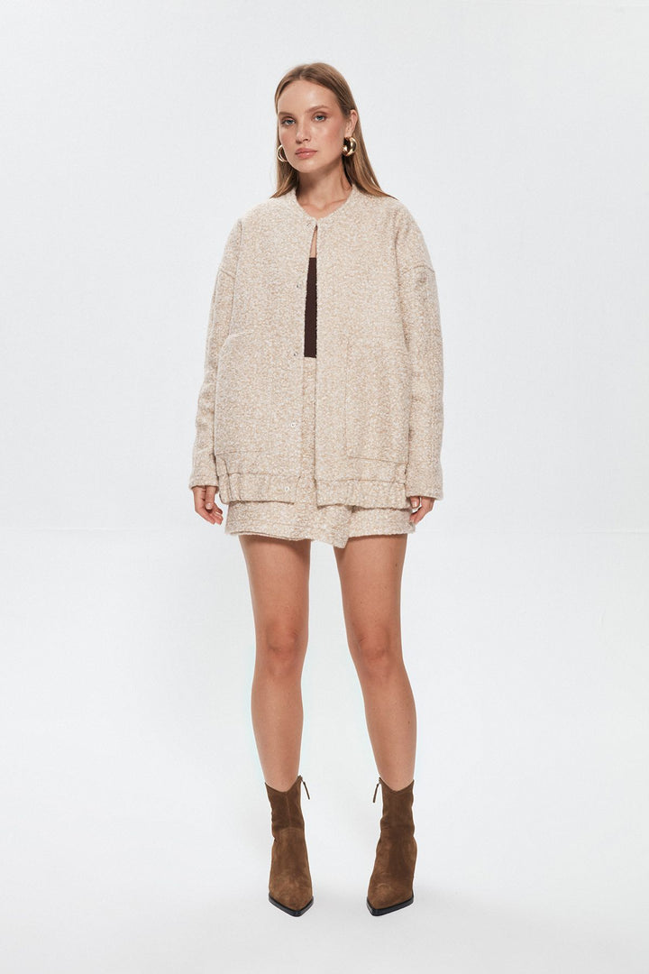 Oversize Kaşe Bomber Ceket Taş