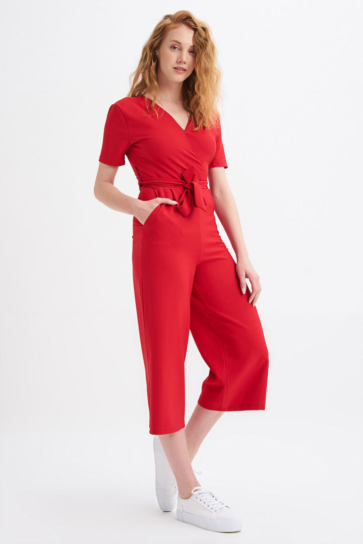 Kruvaze Beli Kuşaklı Tulum Kırmızı