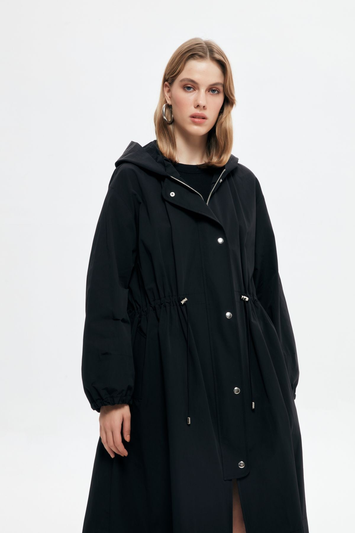 Technical Fabric Hooded Long Trench Coat Black