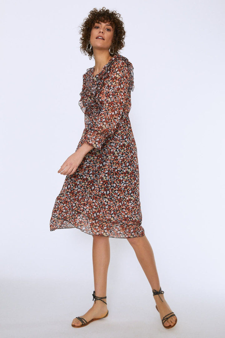 Önü Düğmeli Beli Lastikli Midi Elbise Oranj