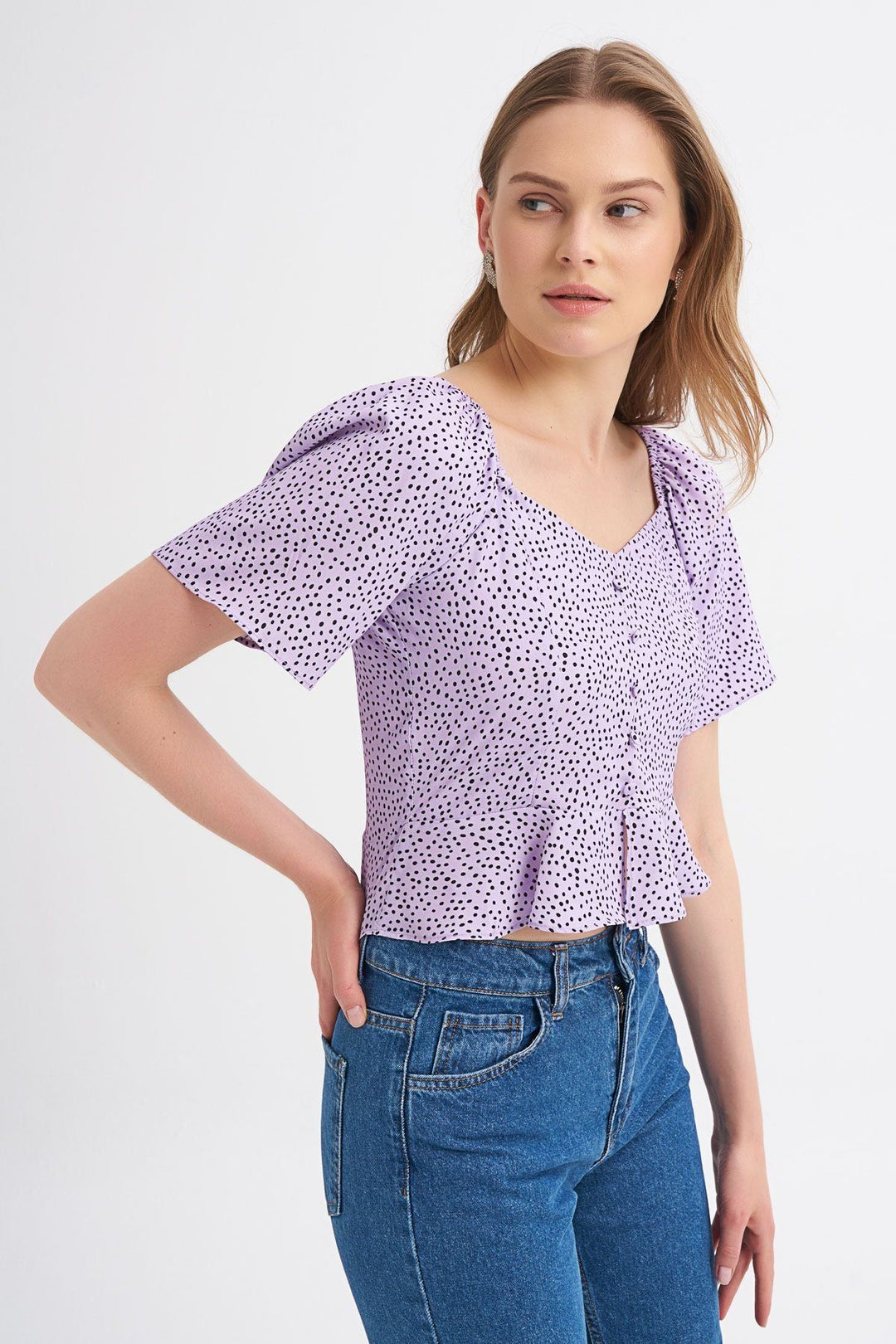 Button Detailed Polka Dot Volante Sleeve Blouse Lilac