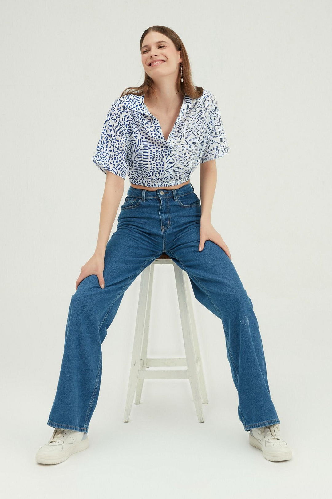 Patterned Crop Shirt Blue