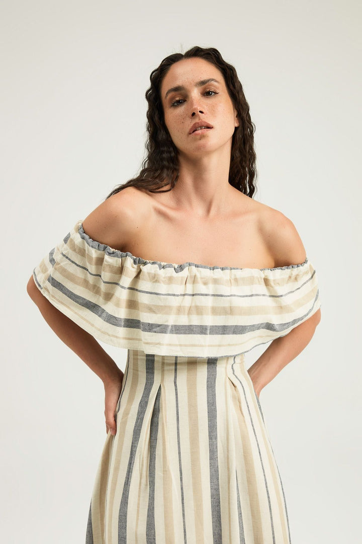 Striped Ruffle Linen Dress Beige