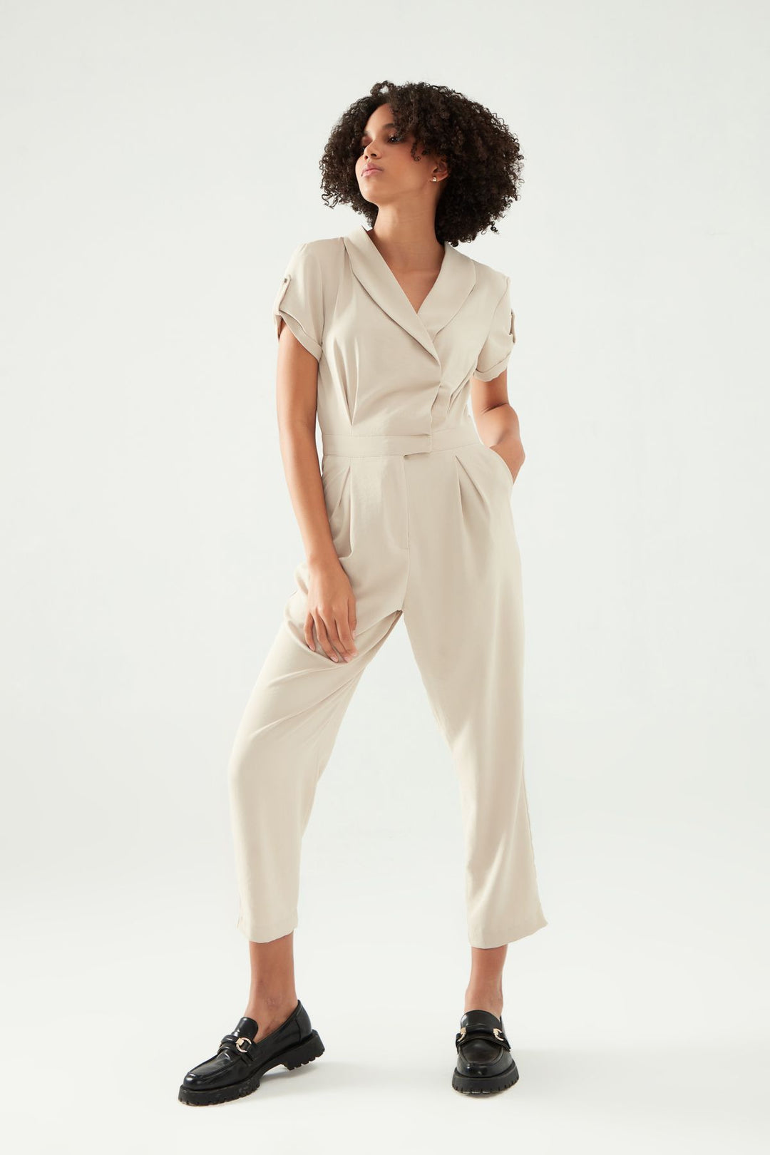 Double Breasted Collar Jumpsuit Stone