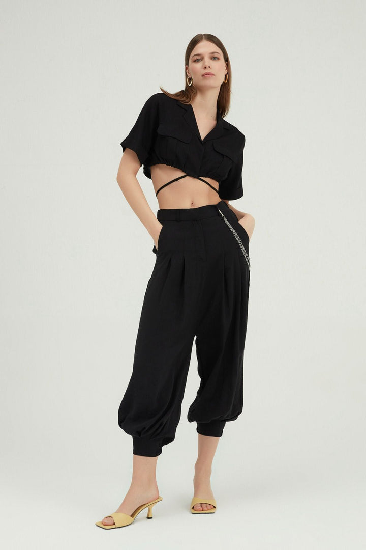 Tie Front Crop Linen Shirt Black