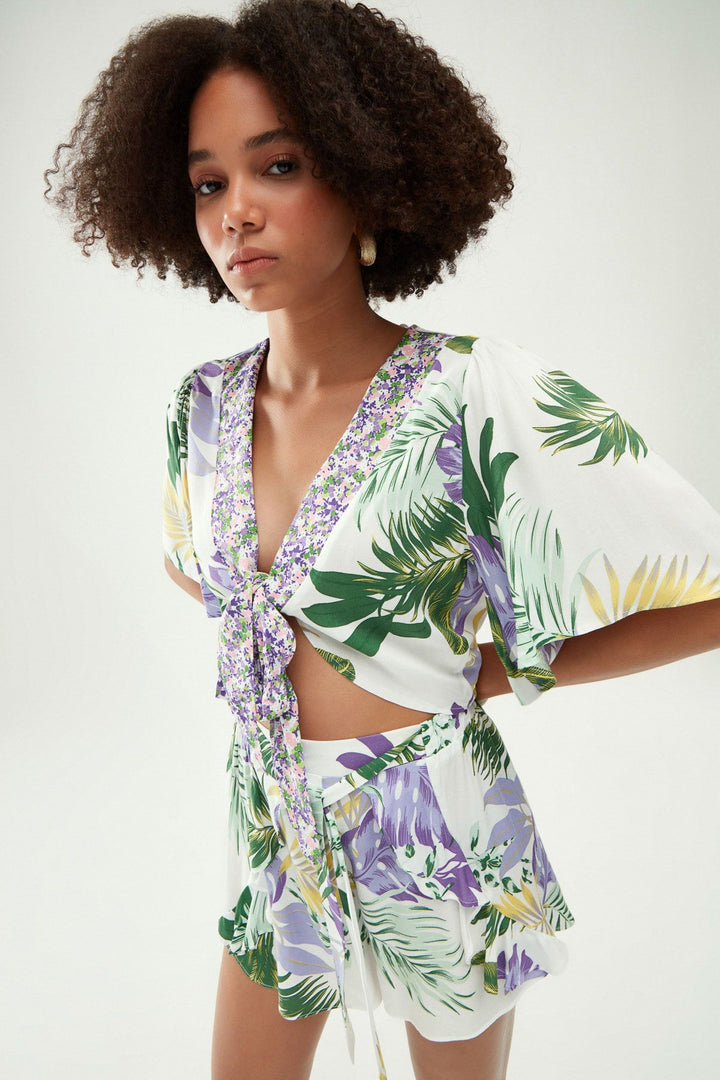 Patterned Tie Front Blouse Green