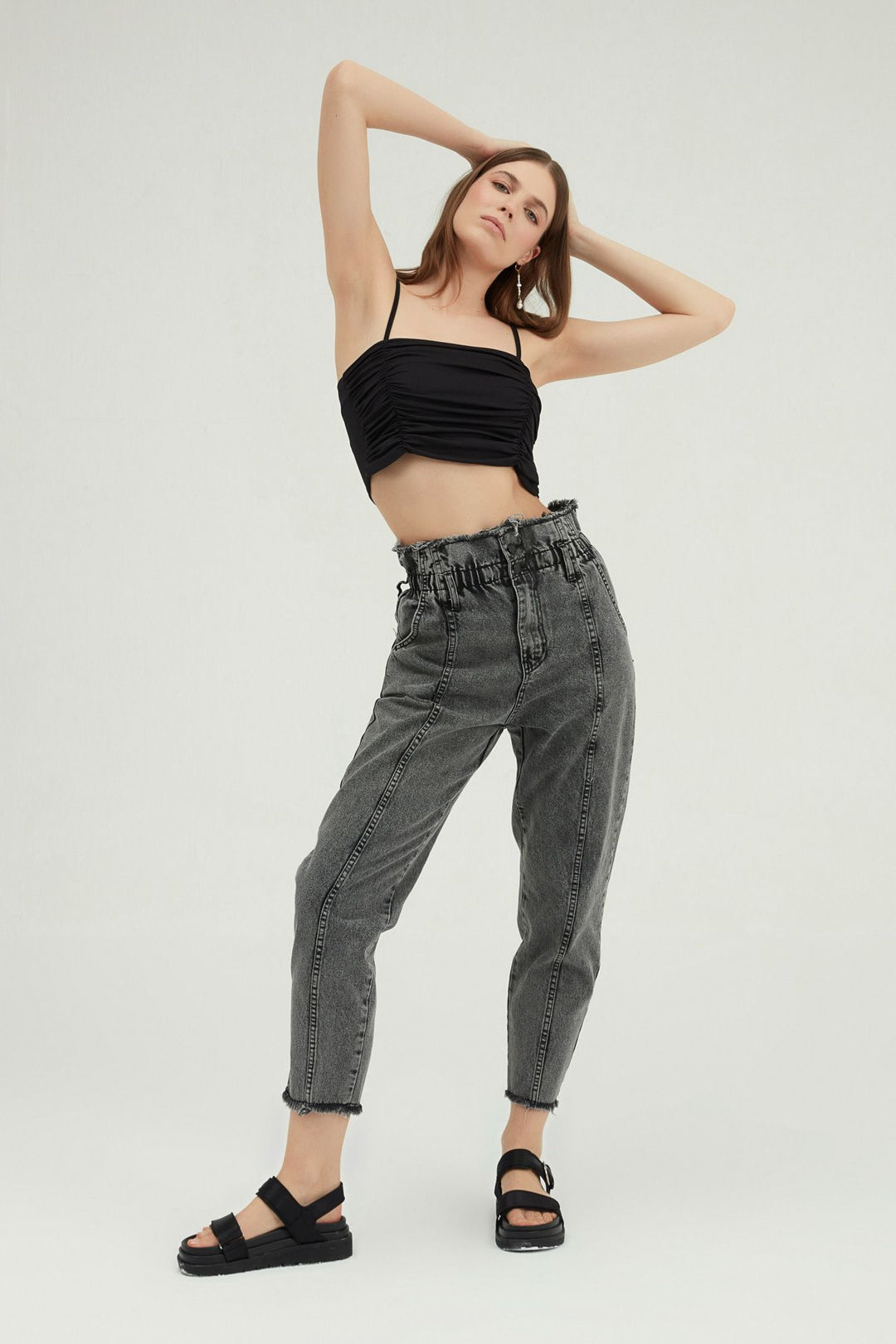 Beli Lastikli Mom Pantolon Gri