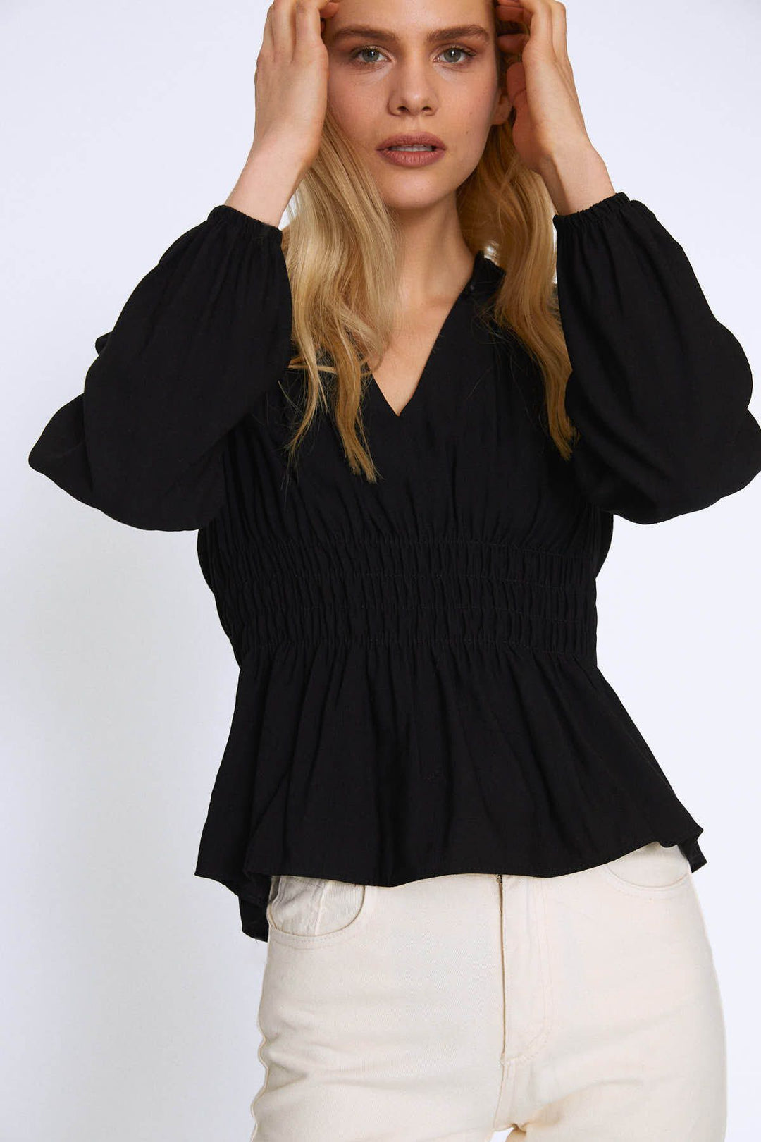 Long Sleeve Blouse With Gipe Waist Black