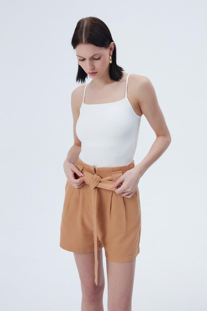 Belt Detailed Gabardine Mini Shorts Light Brown