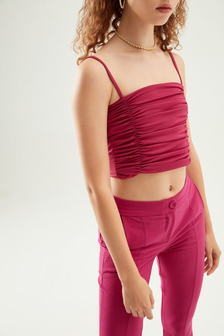 İnce Askılı Gipeli Crop Bluz Orkide