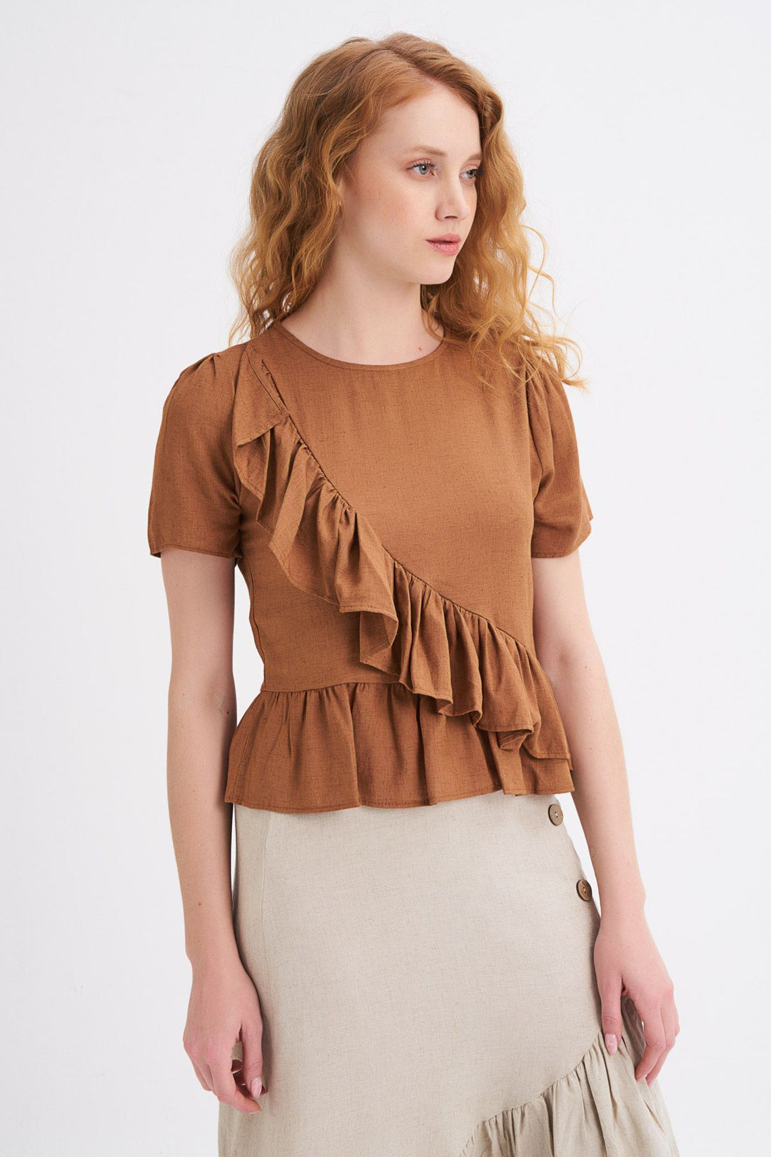 Ruffle Linen T-Shirt Brown