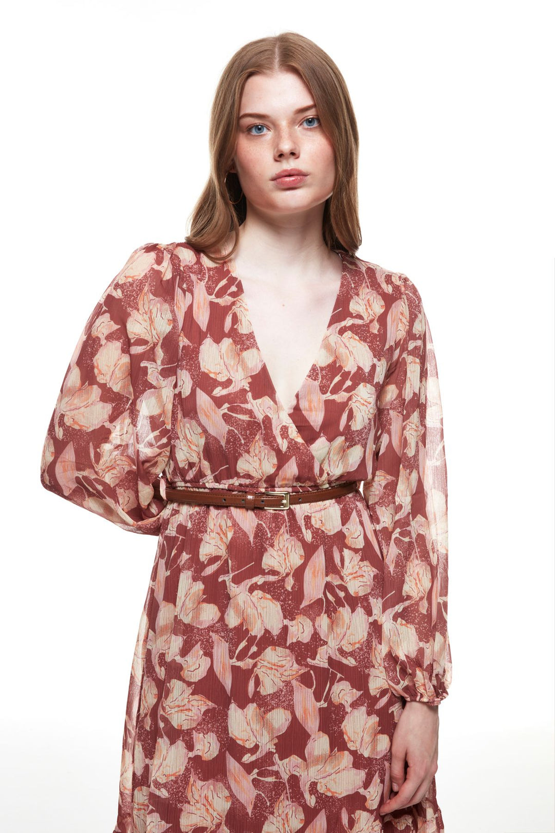 Patterned Long Dress with Belt Detail Tile