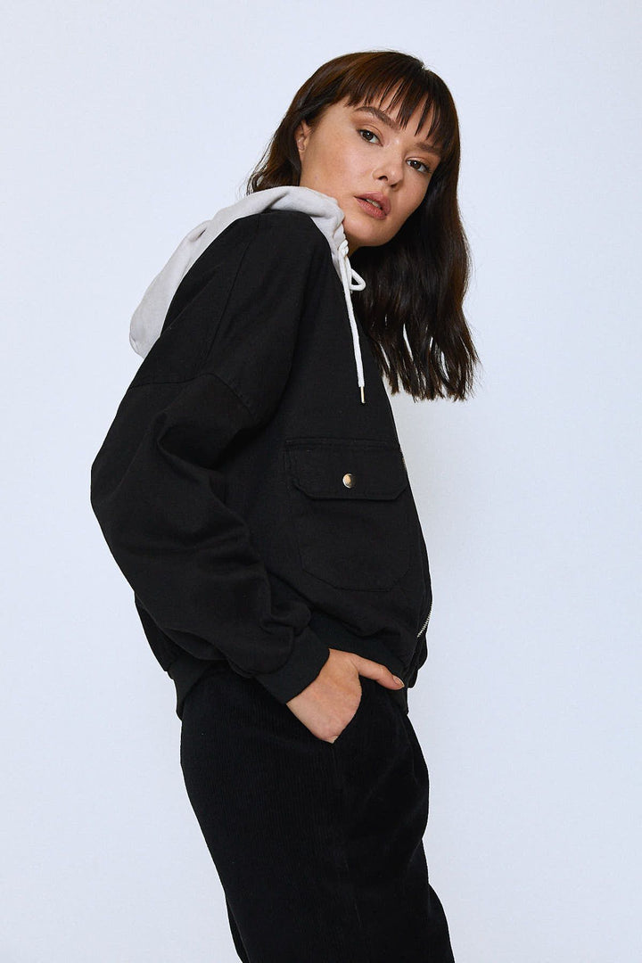 Kapüşonlu Reglan Kol Ceket Siyah