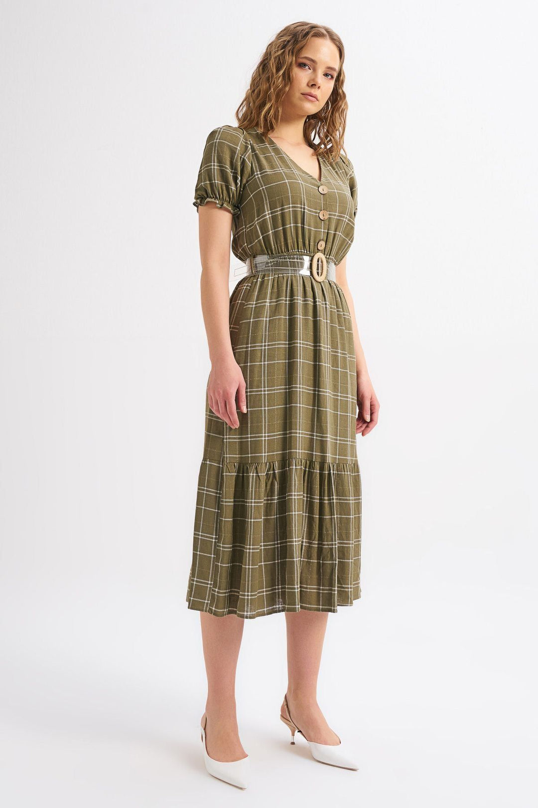 Balon Kol Kemerli Keten Elbise Haki