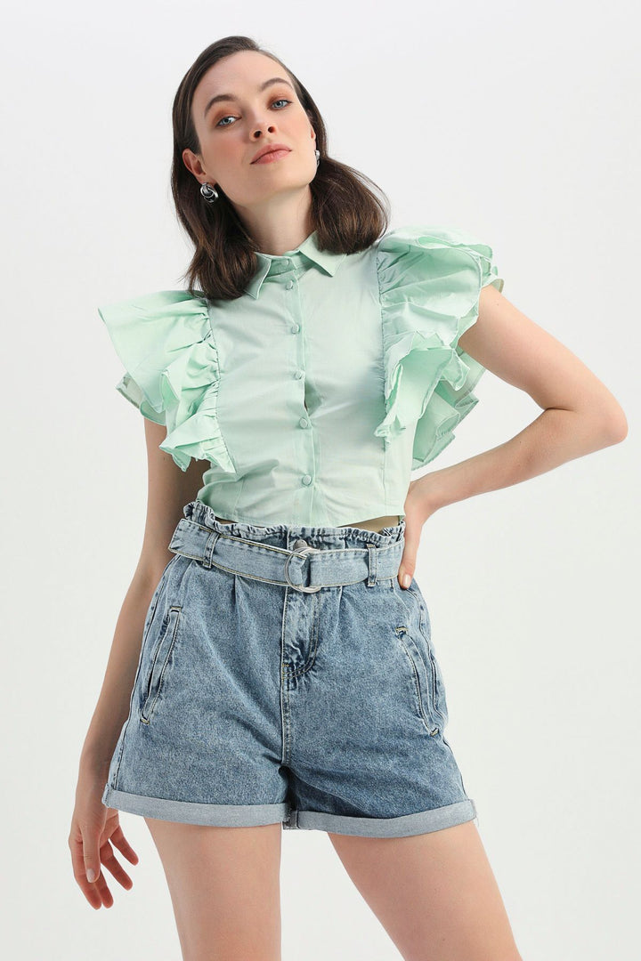 Belted High Waist Denim Shorts Light Blue