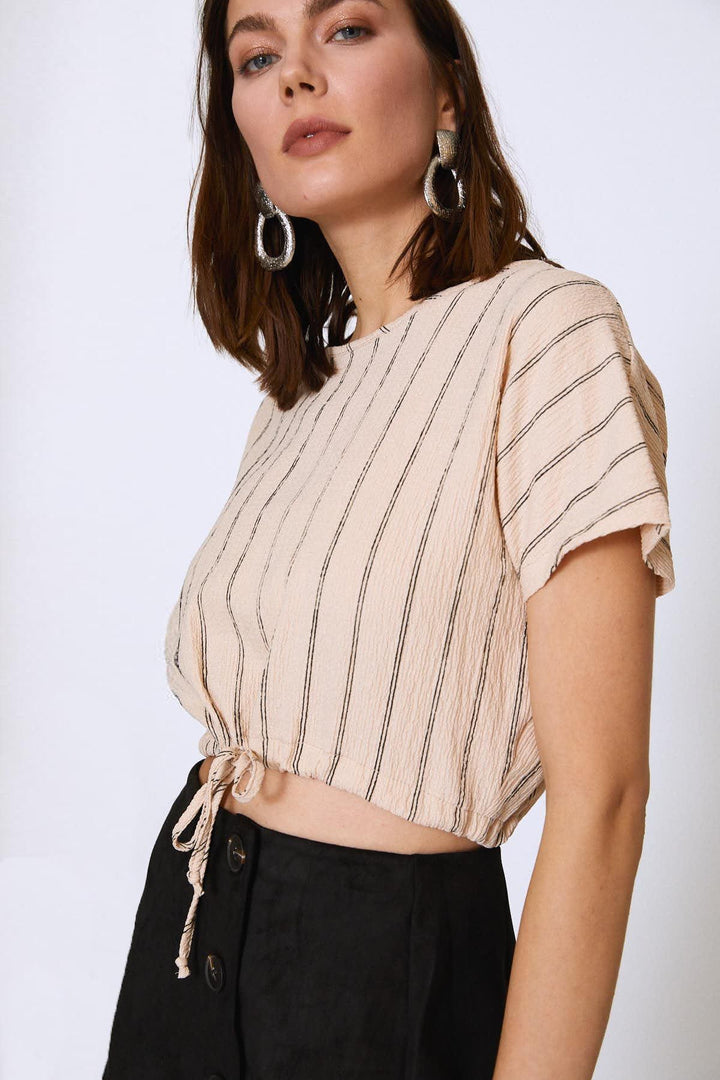Striped Crop Bottom Tie Blouse Beige