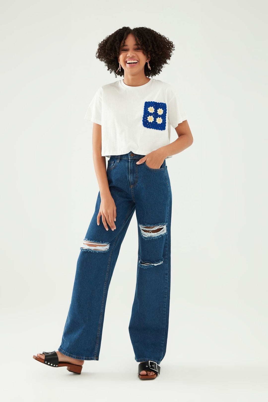 Knit Pocket Crop T-Shirt White