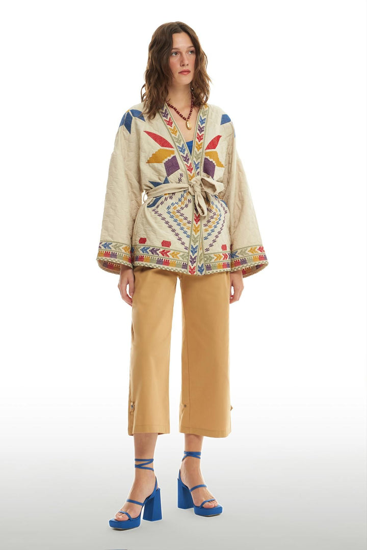 Desenli Kimono Ceket Taş