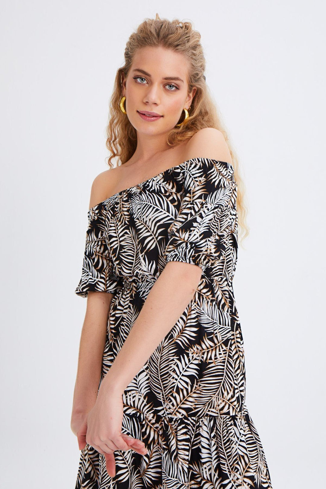 Patterned Off Shoulder Dress Black