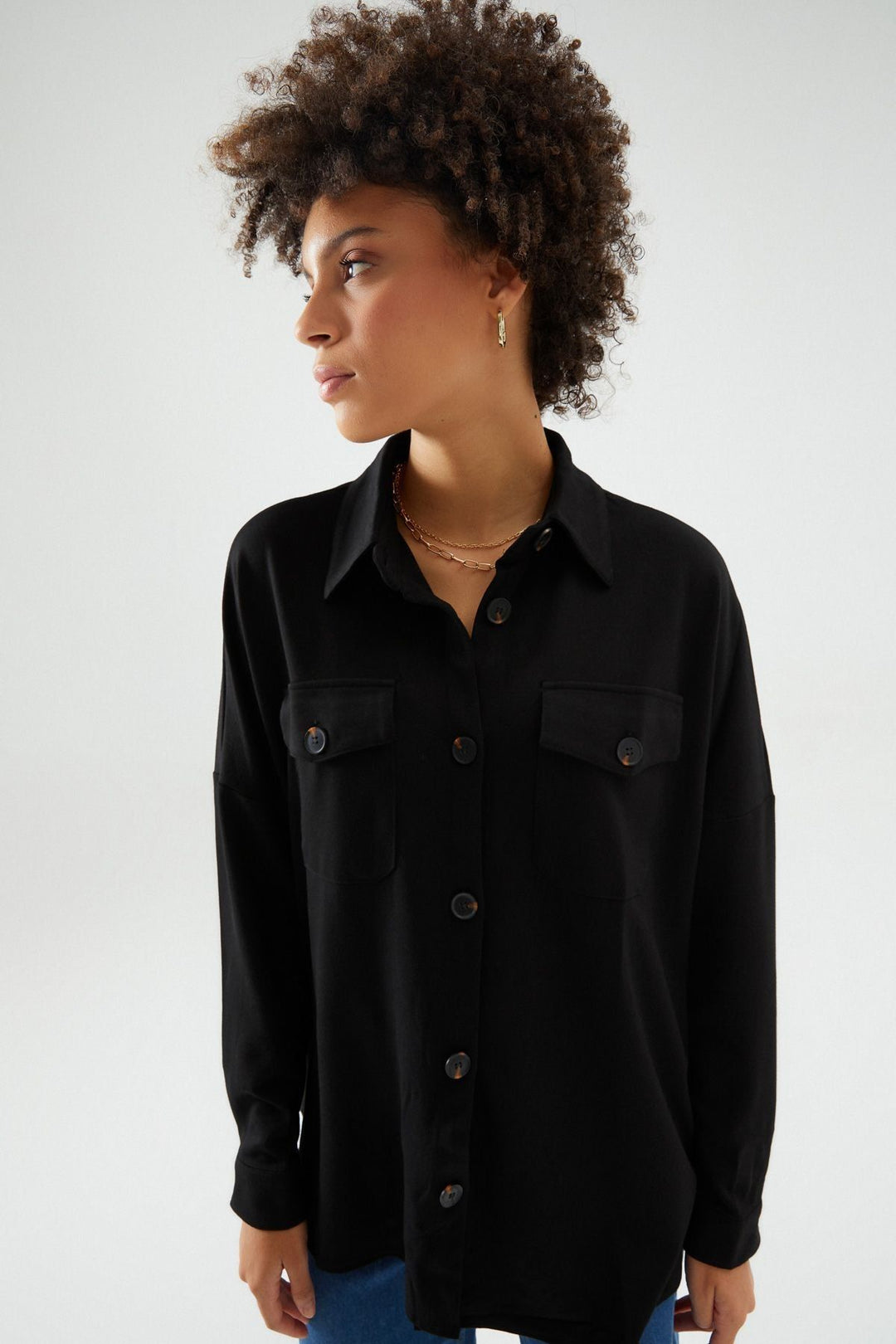 Oversize Cepli Gömlek Siyah