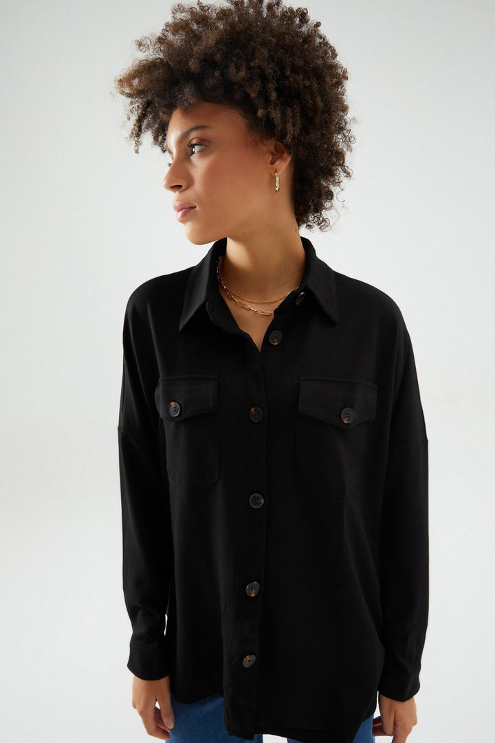 Oversize Cepli Gömlek Siyah