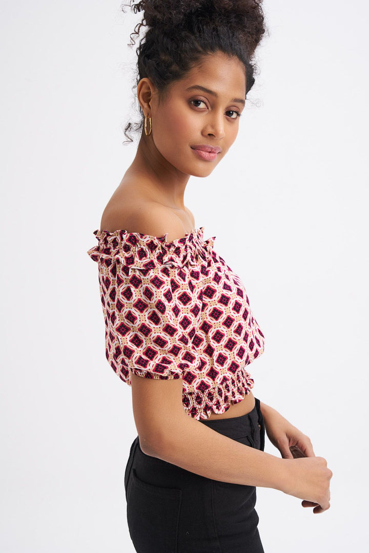 Patterned Off Shoulder Ruffle Detailed Blouse Claret Red