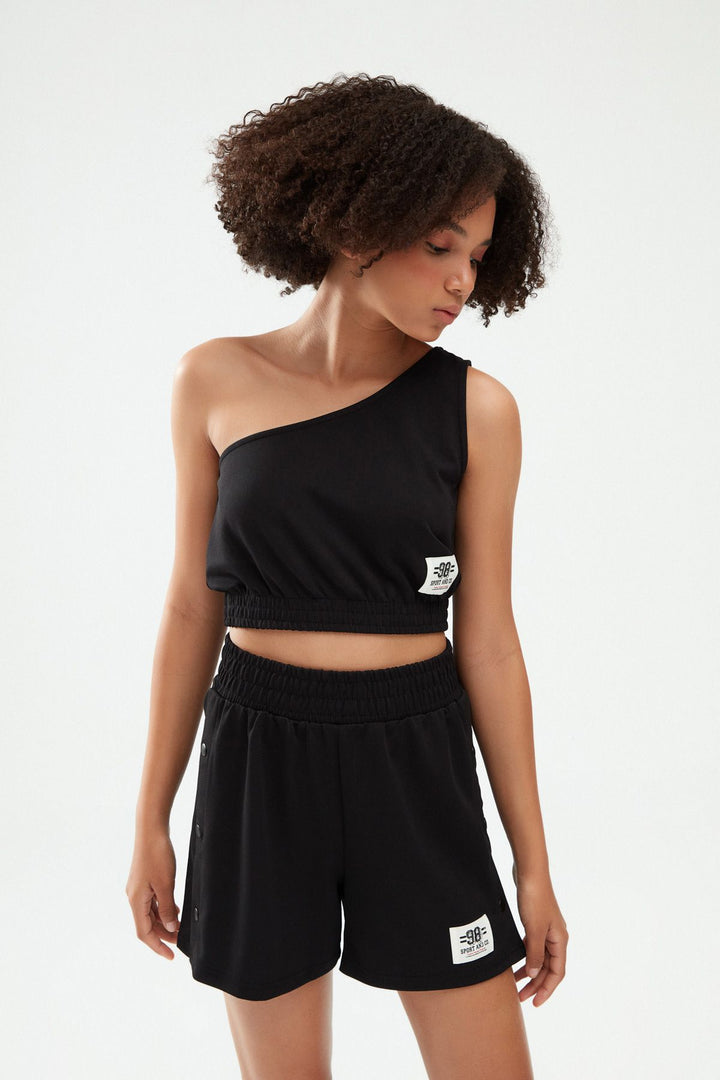 One Shoulder Crop Blouse Black