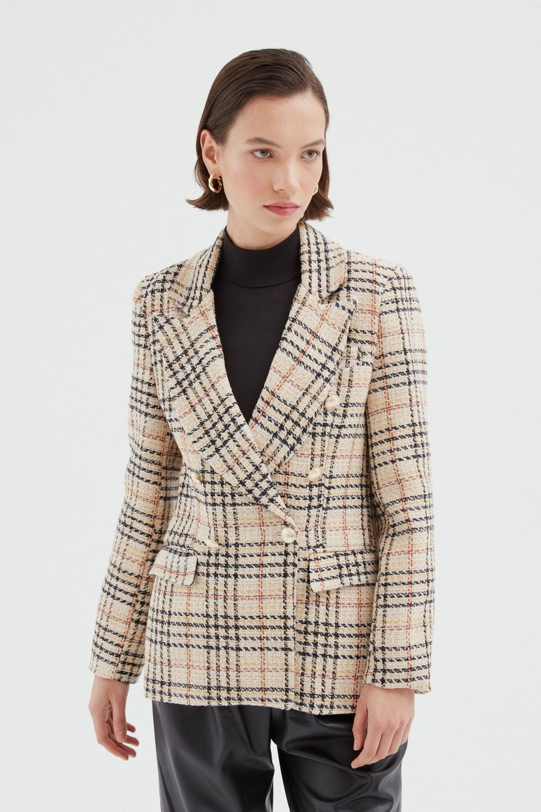 Çizgili Kruvaze Blazer Ceket Bej