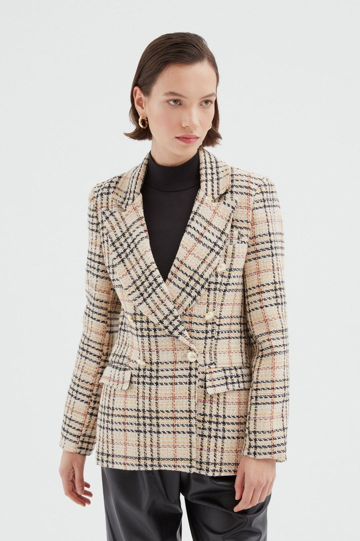 Çizgili Kruvaze Blazer Ceket Bej