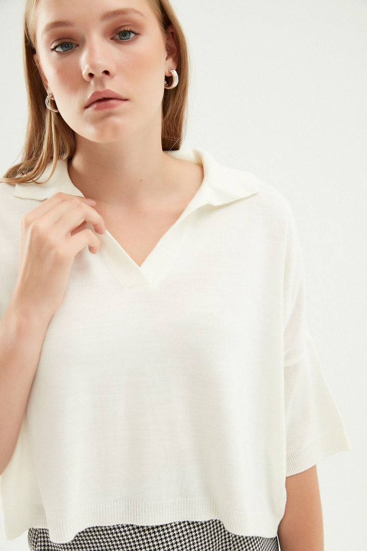 Oversize Polo Yaka Triko Ekru