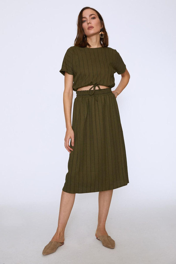 Striped Elastic Waist Midi Skirt Khaki