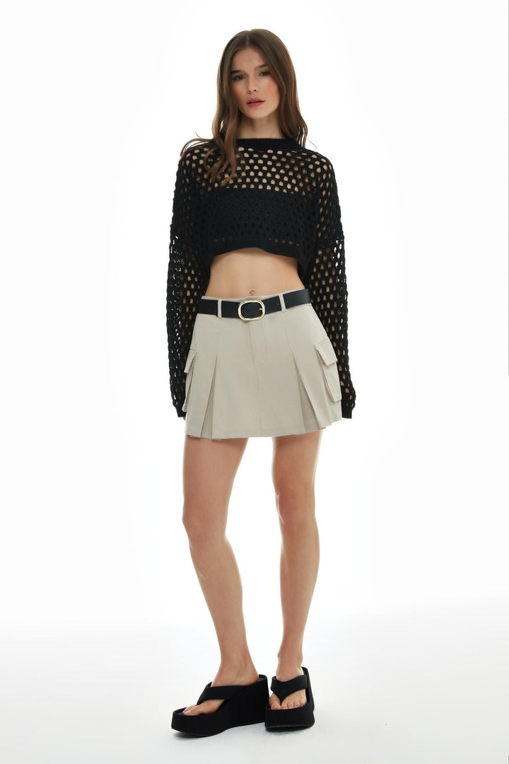 Kemer Aksesuarlı Cepli Şort Etek Taş