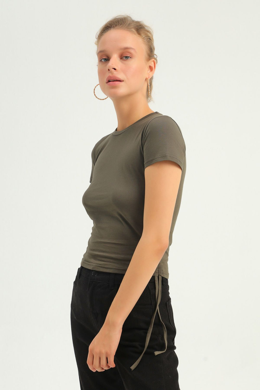 Yanları Büzgülü Basic Tişört Haki