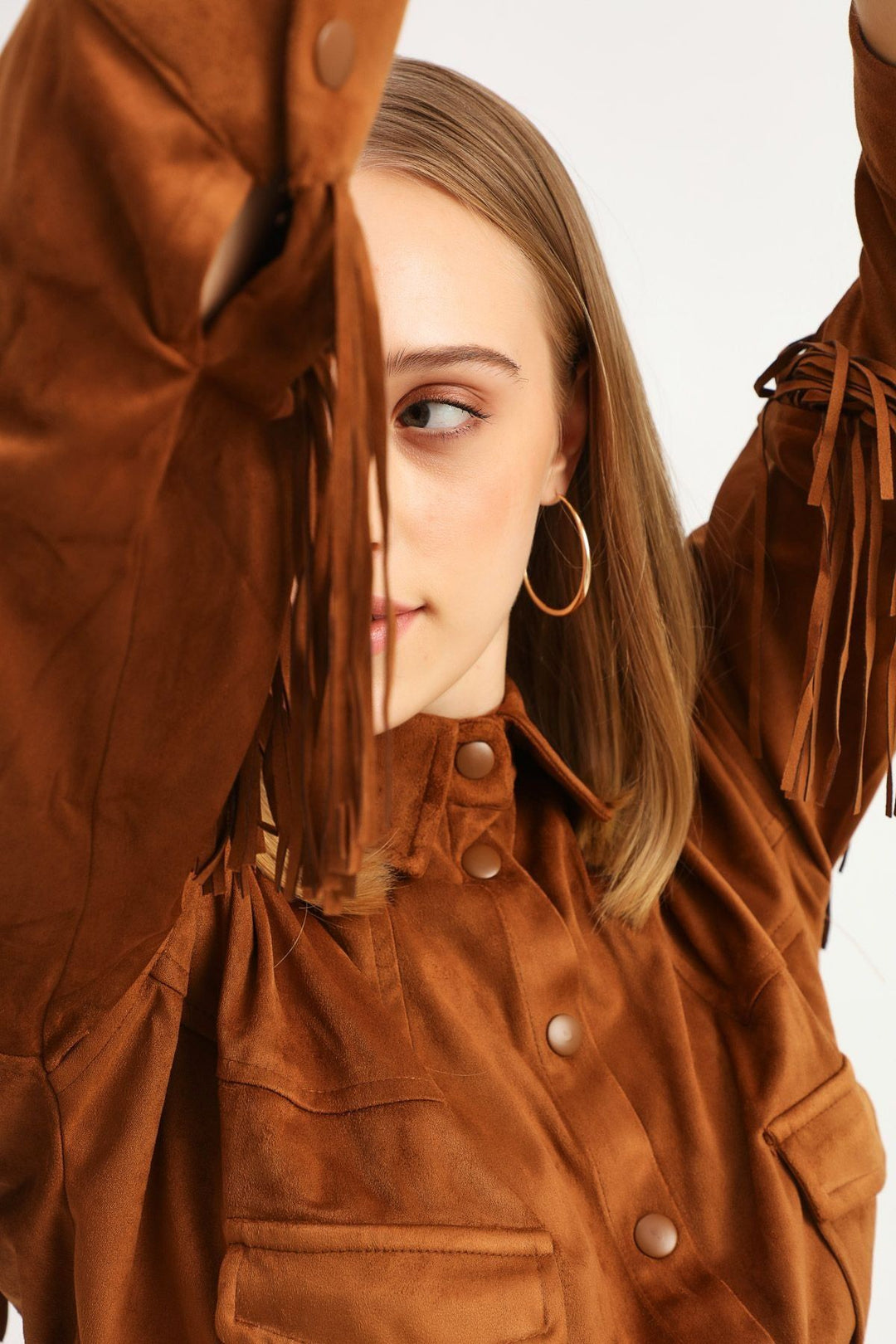 Püsküllü Süet Gömlek Taba