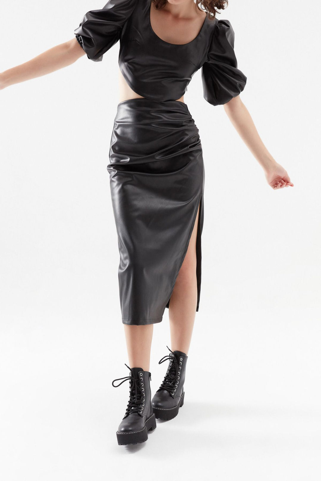 Pleated Leather Midi Skirt Black