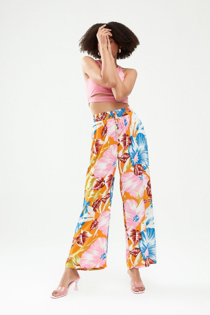 Desenli Beli Lastikli Pantolon Turuncu